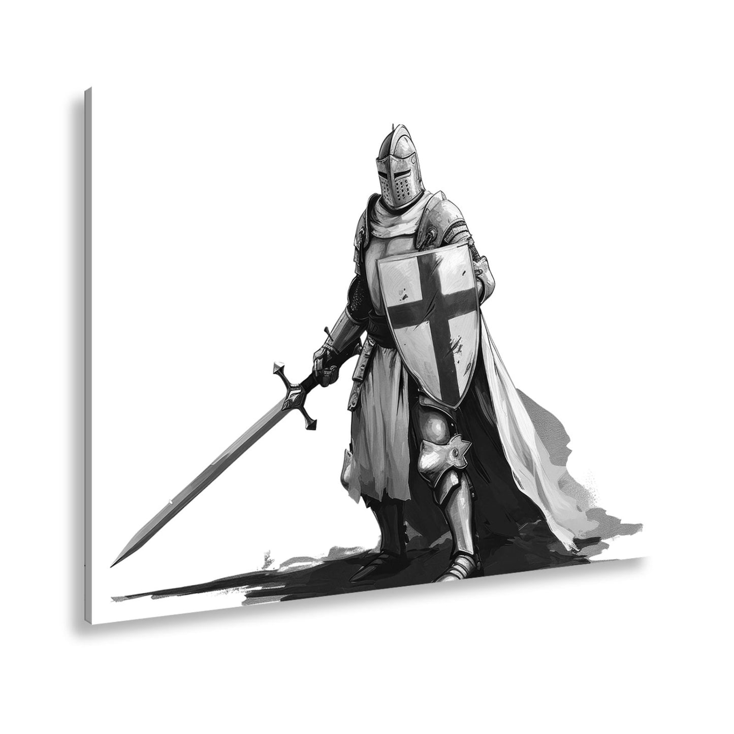 Leinwandbild Krieger in Stahl, das Kreuz auf Schild und Schwert bereit. - deyoli