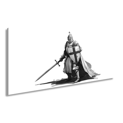 Leinwandbild Krieger in Stahl, das Kreuz auf Schild und Schwert bereit. - deyoli