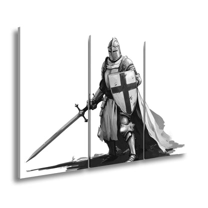 Leinwandbild Krieger in Stahl, das Kreuz auf Schild und Schwert bereit. - deyoli