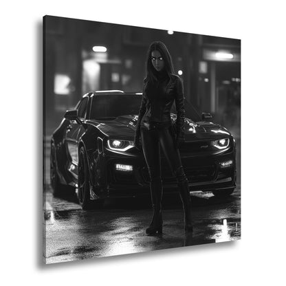 Leinwandbild Kriegerin XXL – Dunkle vor mächtigem Nachtboliden - deyoli