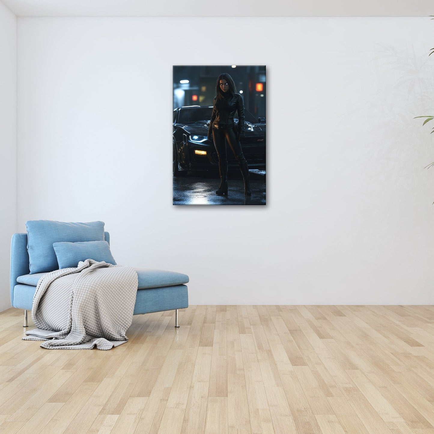 Leinwandbild Kriegerin XXL – Dunkle vor mächtigem Nachtboliden - deyoli