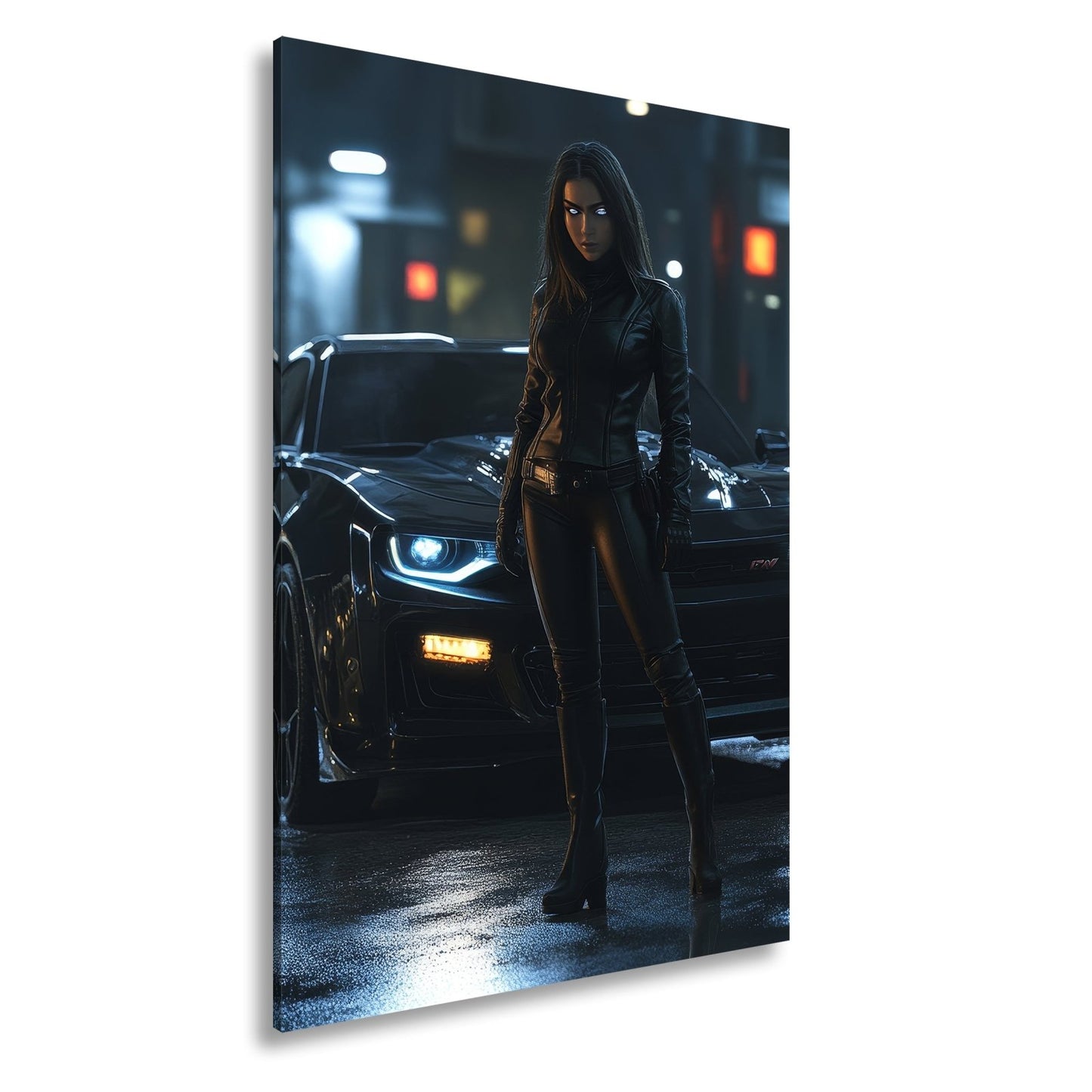 Leinwandbild Kriegerin XXL – Dunkle vor mächtigem Nachtboliden - deyoli