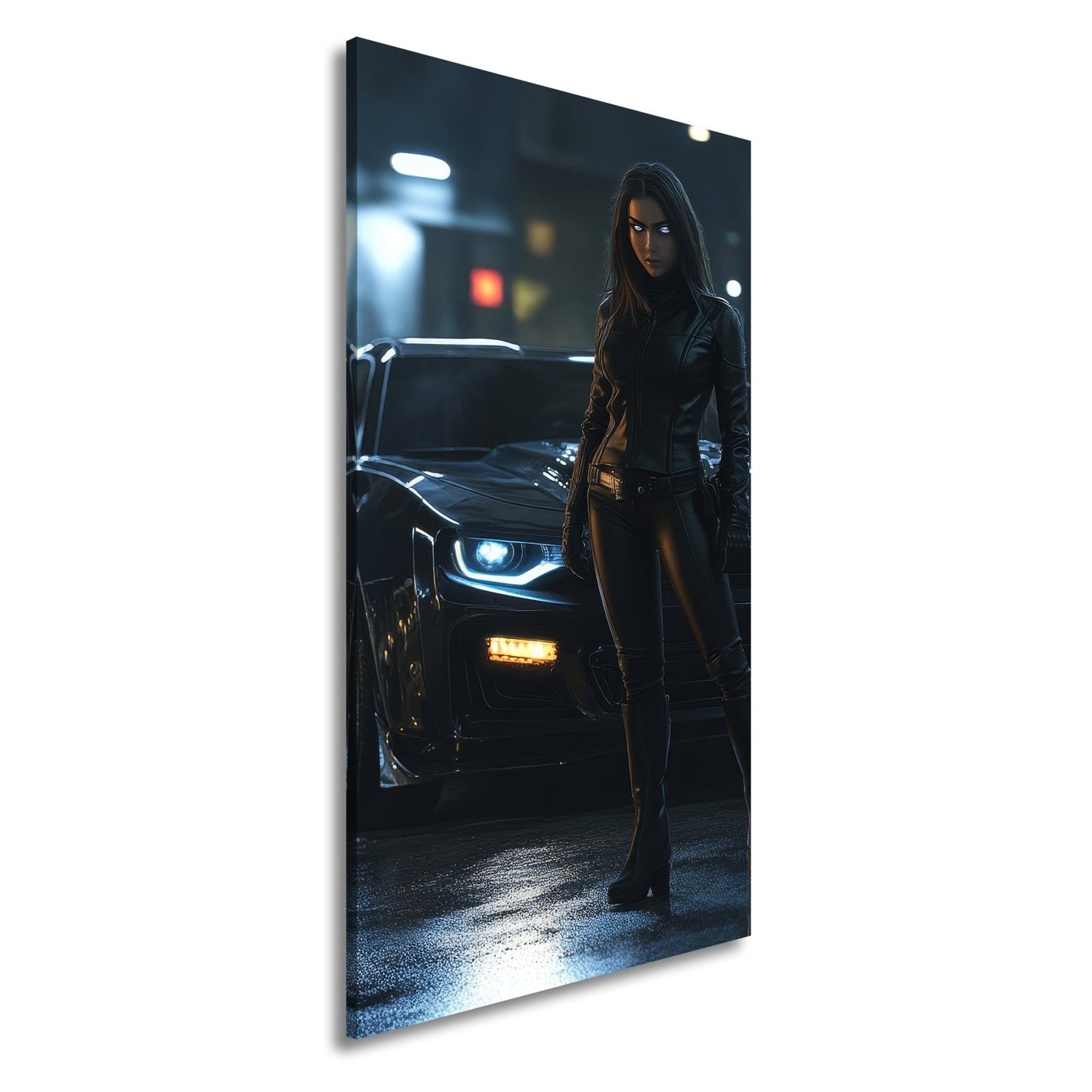 Leinwandbild Kriegerin XXL – Dunkle vor mächtigem Nachtboliden - deyoli