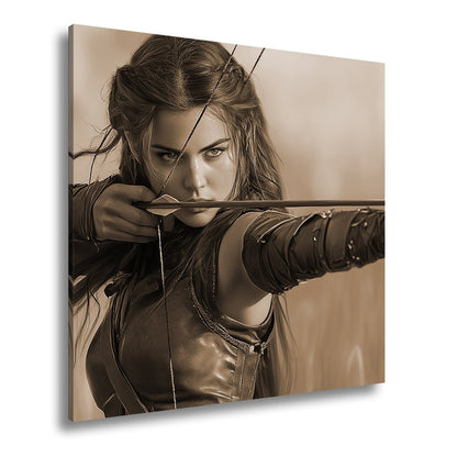 Leinwandbild Kriegerin zielt fokussiert mit glühender Entschlossenheit - deyoli