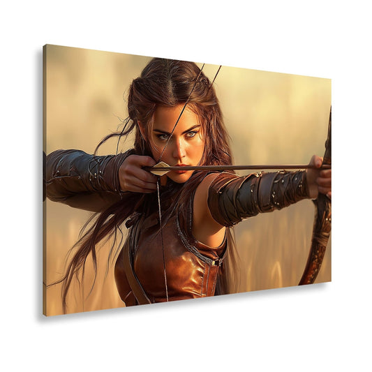 Leinwandbild Kriegerin zielt fokussiert mit glühender Entschlossenheit - deyoli