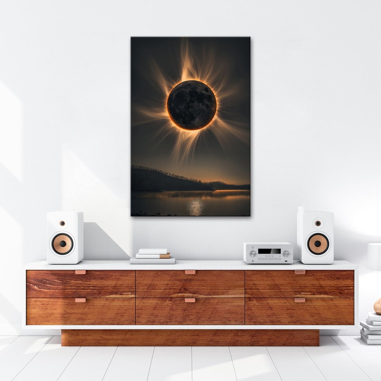 Leinwandbild Krone der Sonnenfinsternis über stiller Landschaft - deyoli