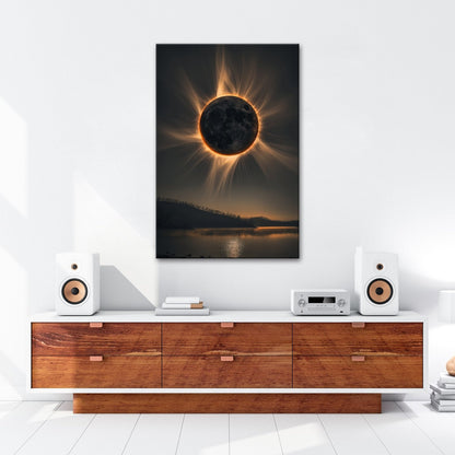 Leinwandbild Krone der Sonnenfinsternis über stiller Landschaft - deyoli