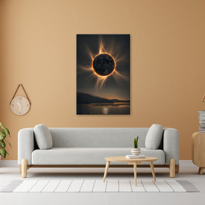 Leinwandbild Krone der Sonnenfinsternis über stiller Landschaft - deyoli