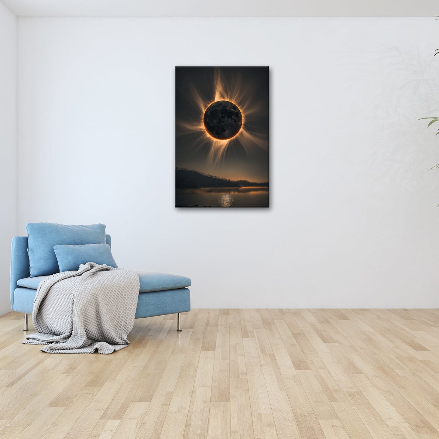 Leinwandbild Krone der Sonnenfinsternis über stiller Landschaft - deyoli