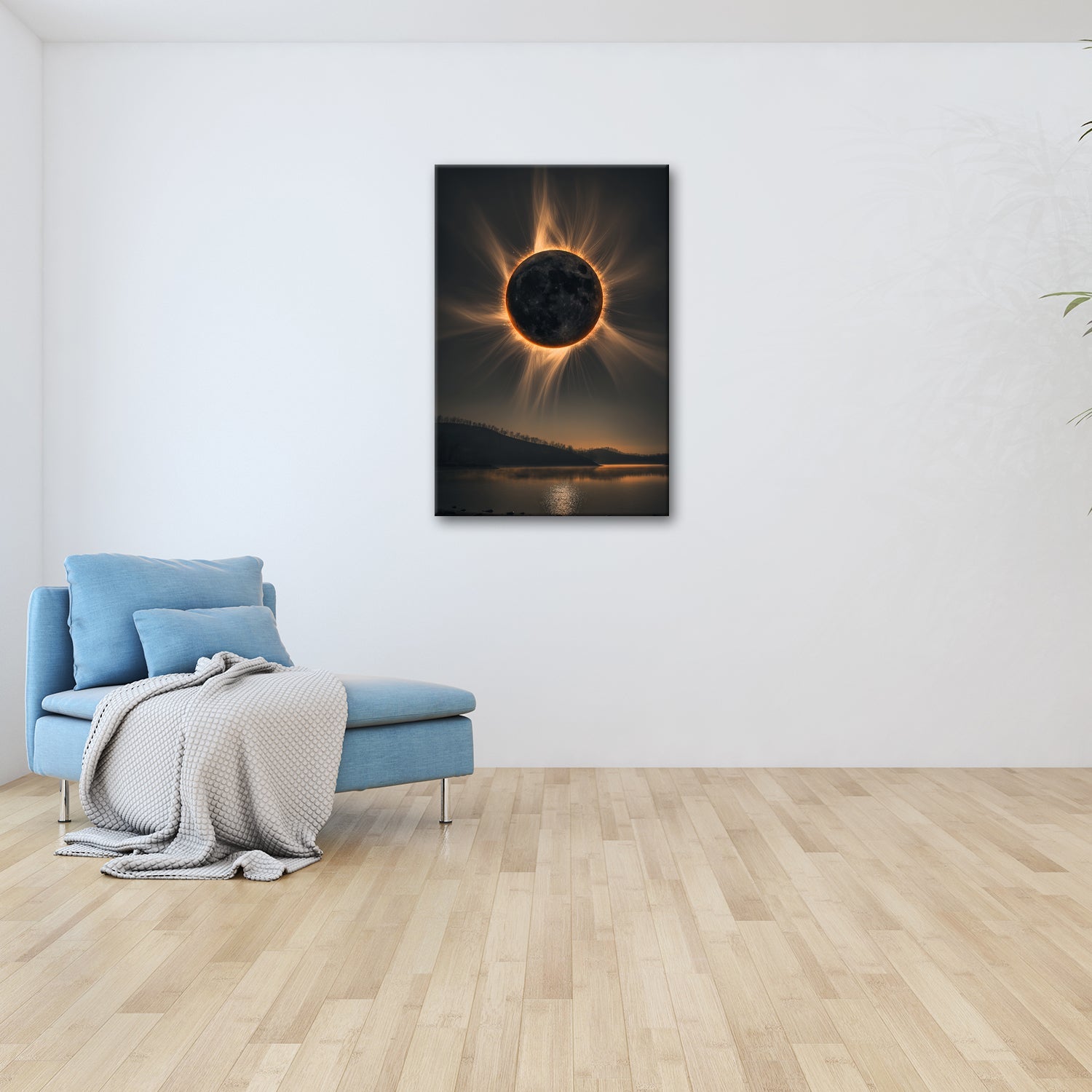 Leinwandbild Krone der Sonnenfinsternis über stiller Landschaft - deyoli
