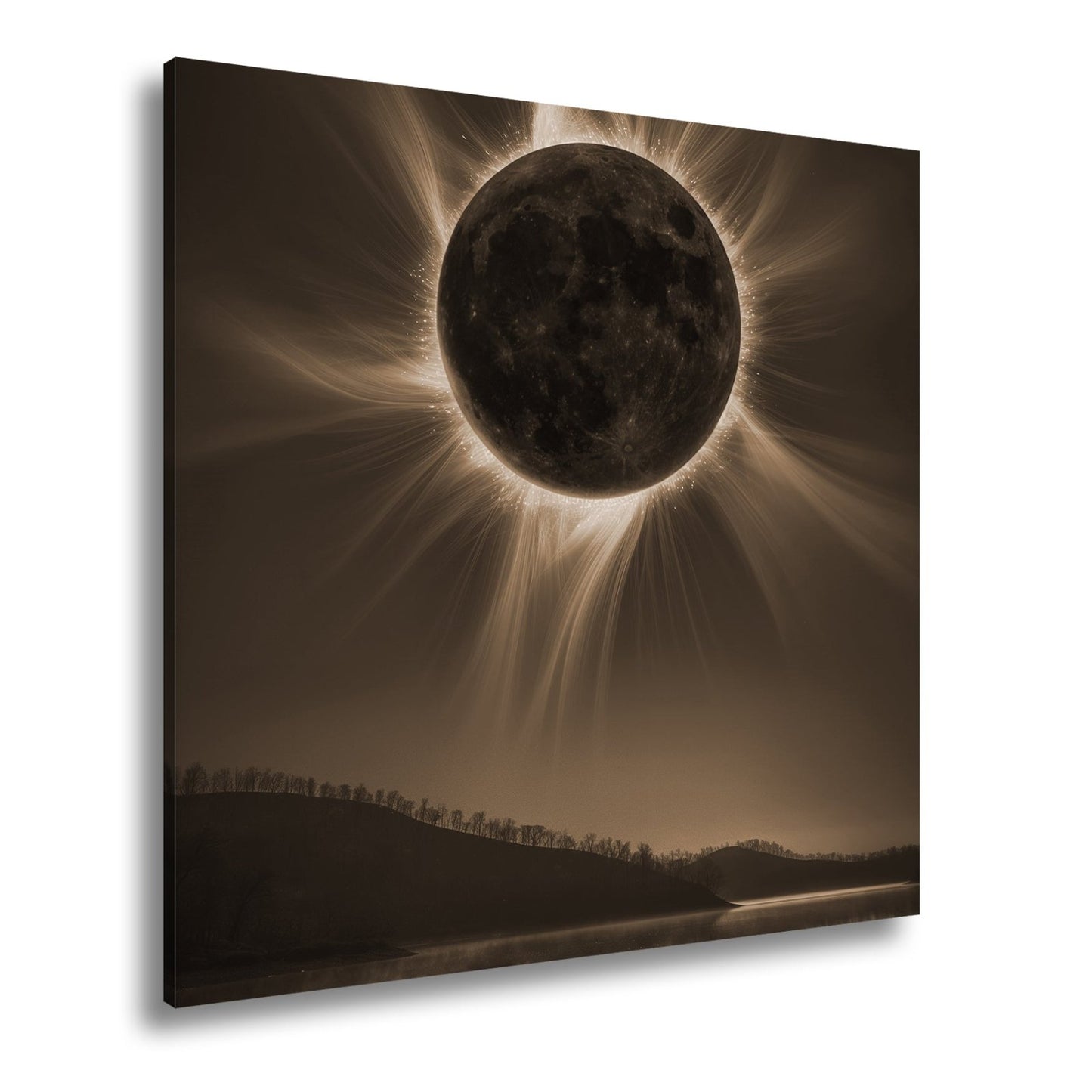 Leinwandbild Krone der Sonnenfinsternis über stiller Landschaft - deyoli