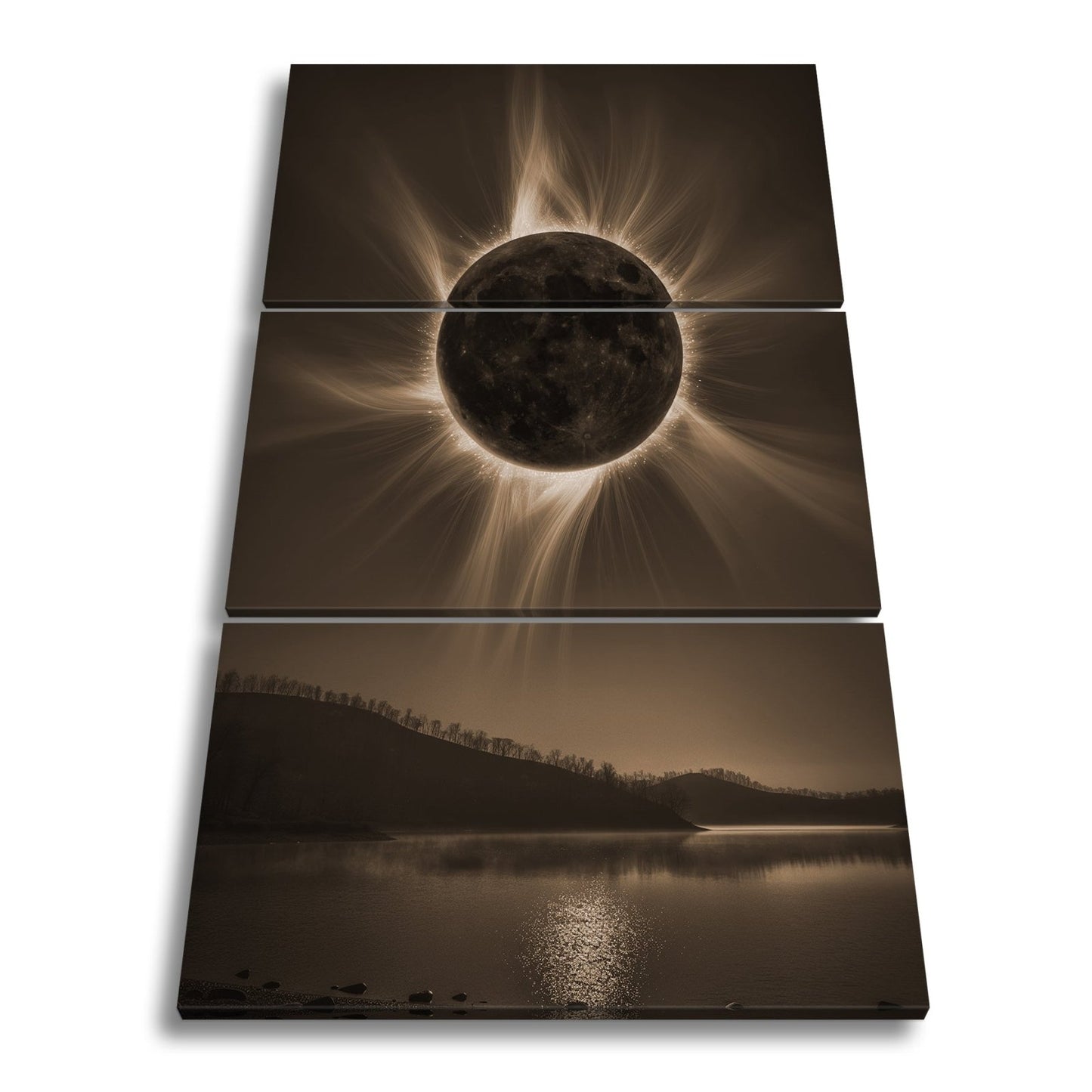 Leinwandbild Krone der Sonnenfinsternis über stiller Landschaft - deyoli
