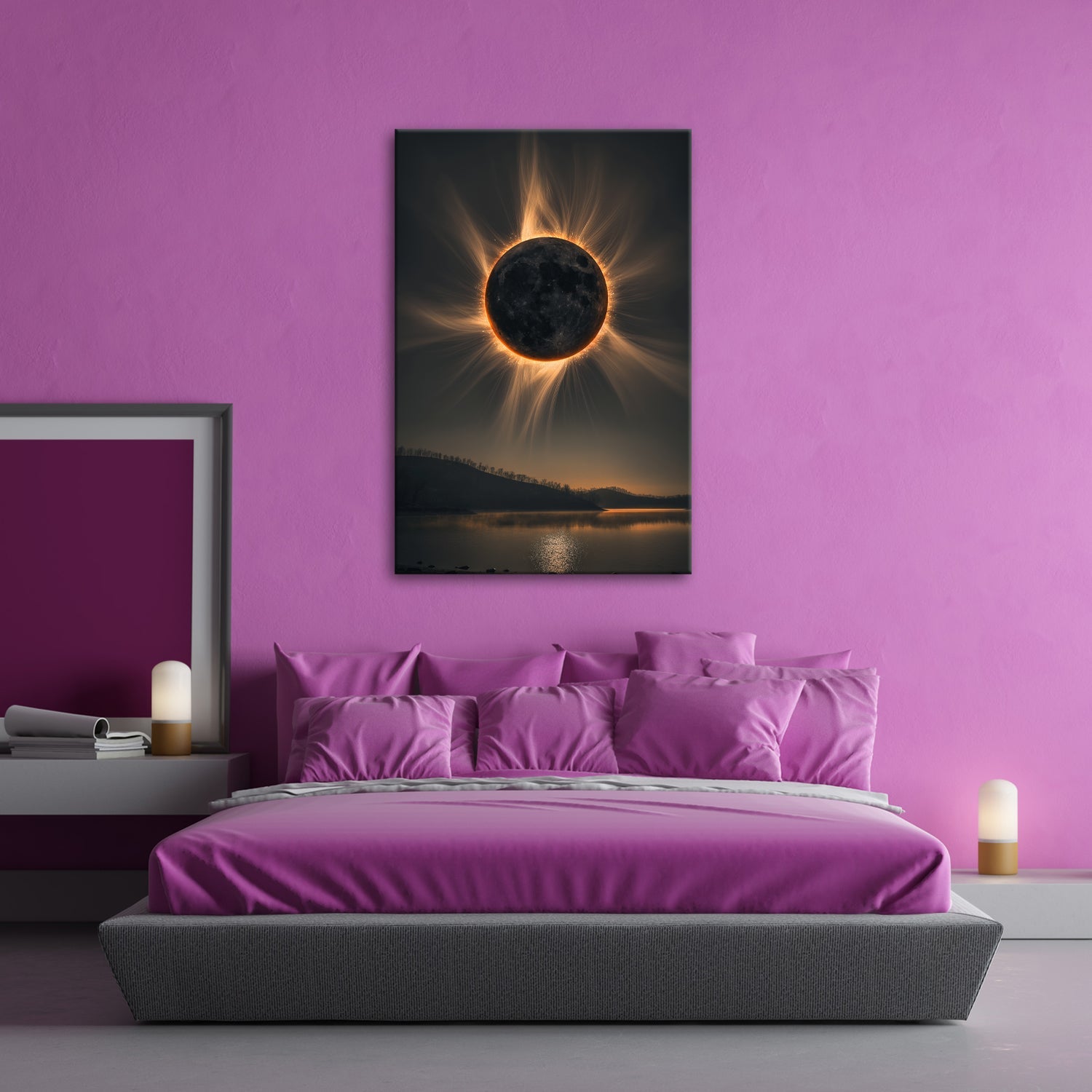 Leinwandbild Krone der Sonnenfinsternis über stiller Landschaft - deyoli