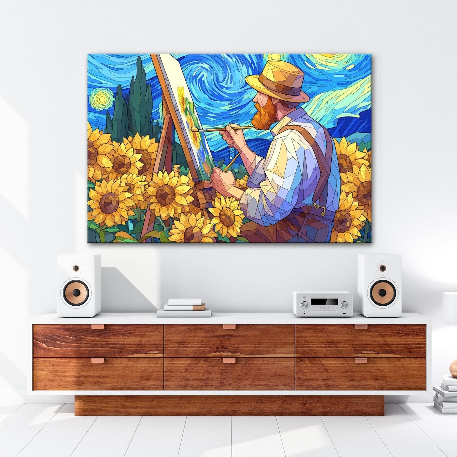 Leinwandbild Künstler malt Sonnenblumen – Wirbelnder Himmel XXL Canvas - deyoli