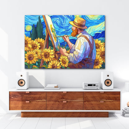 Leinwandbild Künstler malt Sonnenblumen – Wirbelnder Himmel XXL Canvas - deyoli