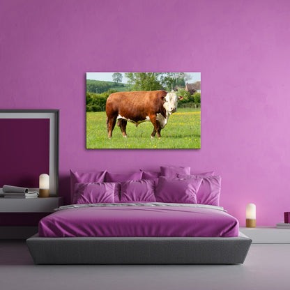 Leinwandbild Kuh XXL – Stolz auf Blumenwiese mit direktem Blick - deyoli