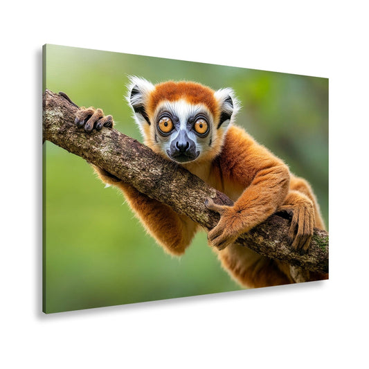 Leinwandbild Kulleräugiger Lemur – Klammert sich neugierig an Ast XXL - deyoli
