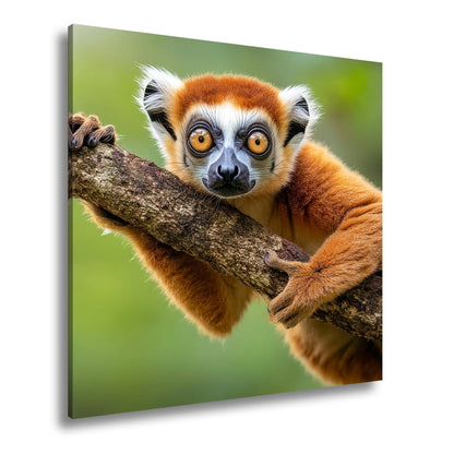 Leinwandbild Kulleräugiger Lemur – Klammert sich neugierig an Ast XXL - deyoli