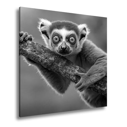 Leinwandbild Kulleräugiger Lemur – Klammert sich neugierig an Ast XXL - deyoli