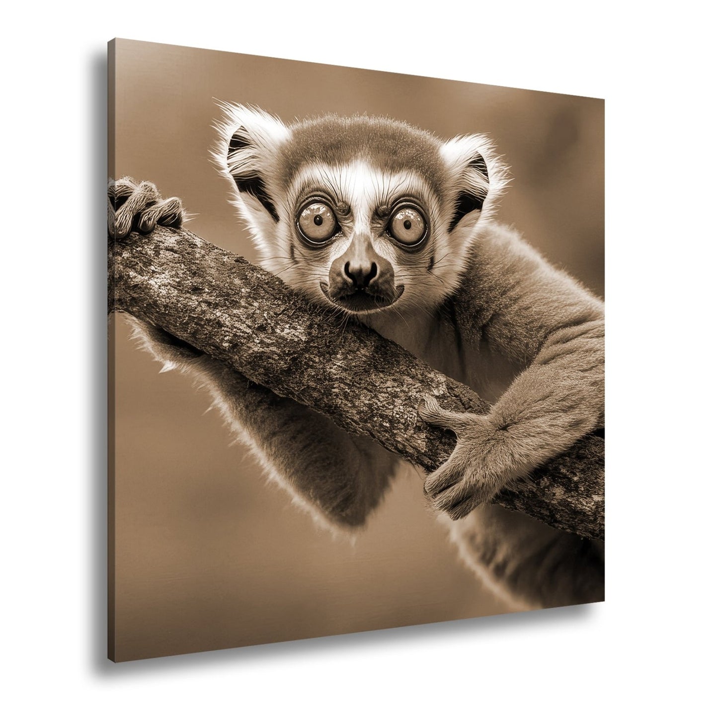 Leinwandbild Kulleräugiger Lemur – Klammert sich neugierig an Ast XXL - deyoli