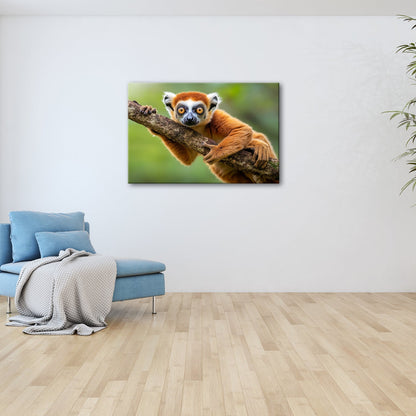 Leinwandbild Kulleräugiger Lemur – Klammert sich neugierig an Ast XXL - deyoli