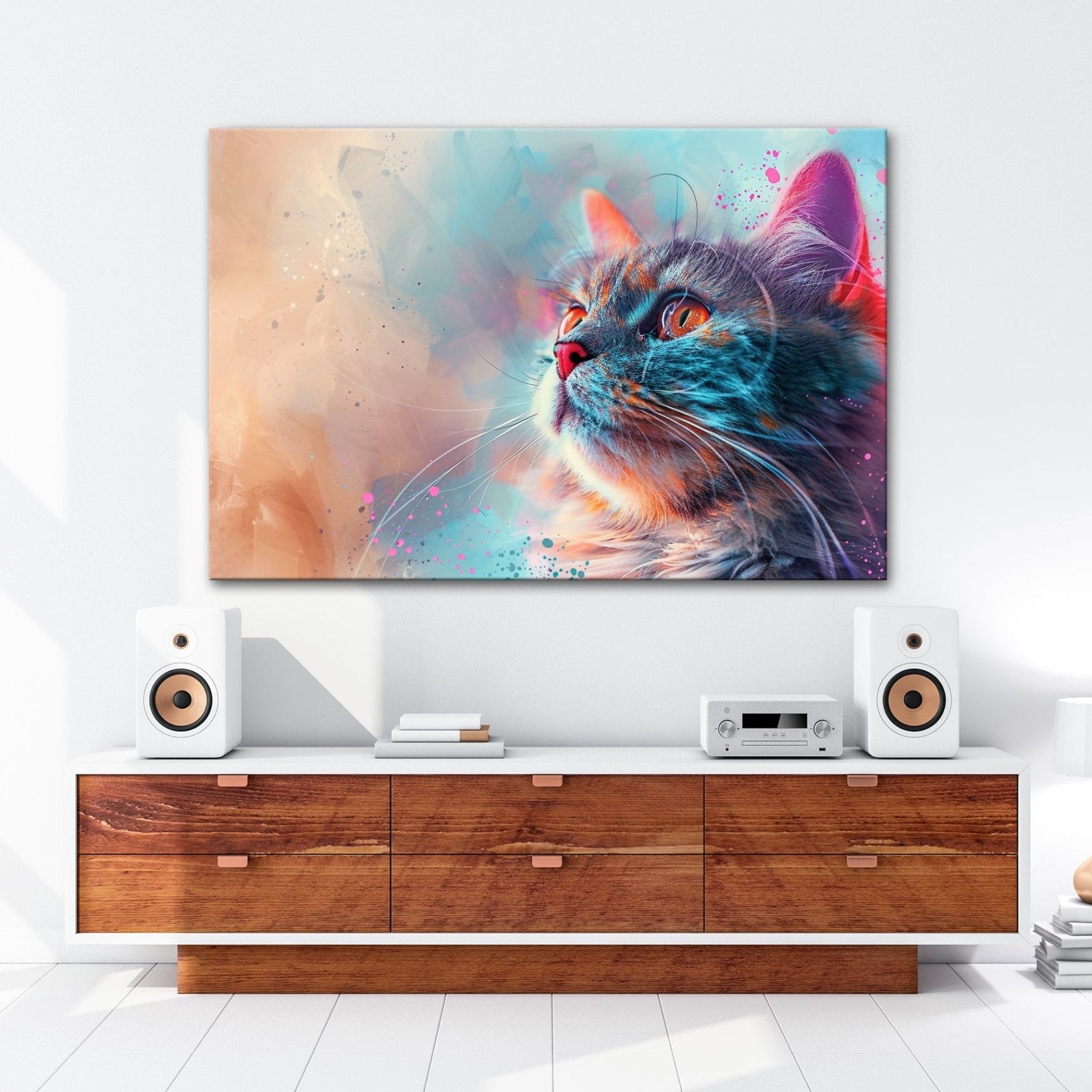 Leinwandbild Kunst und Katze – ein Blick, getaucht in Farben und Fantasie - deyoli