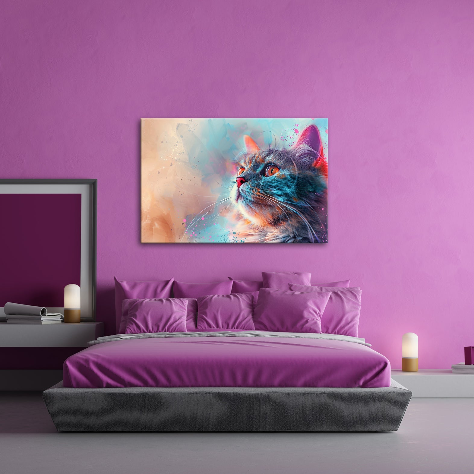 Leinwandbild Kunst und Katze – ein Blick, getaucht in Farben und Fantasie - deyoli