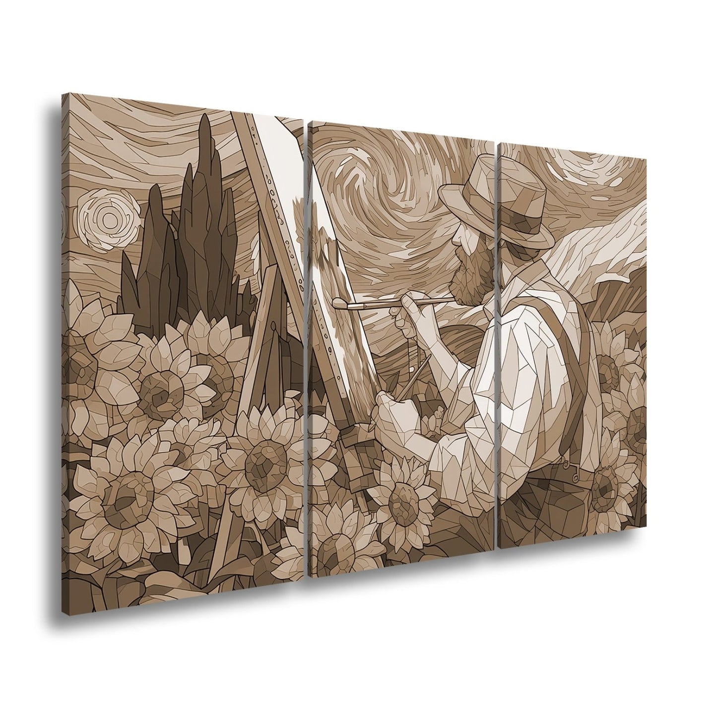 Leinwandbild Künstler malt Sonnenblumen – Wirbelnder Himmel XXL Canvas - deyoli