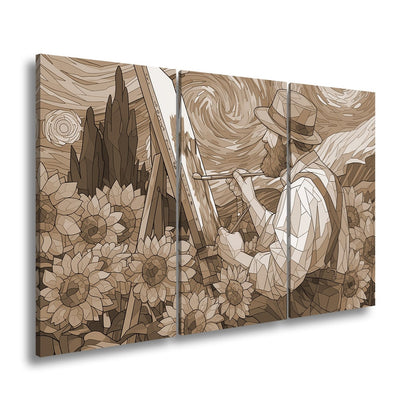 Leinwandbild Künstler malt Sonnenblumen – Wirbelnder Himmel XXL Canvas - deyoli