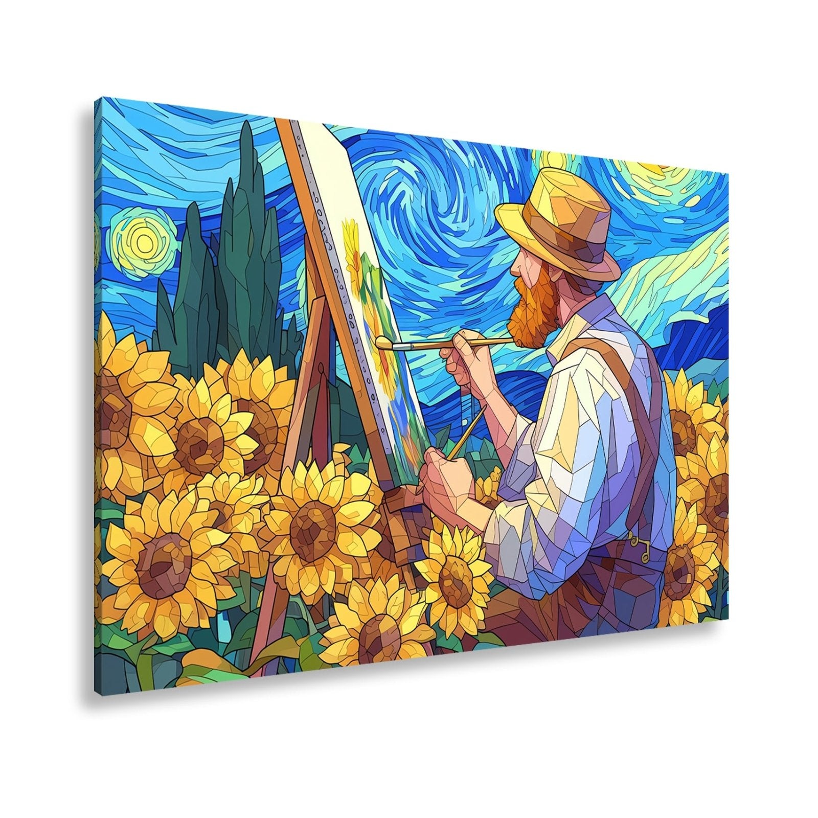 Leinwandbild Künstler malt Sonnenblumen – Wirbelnder Himmel XXL Canvas - deyoli