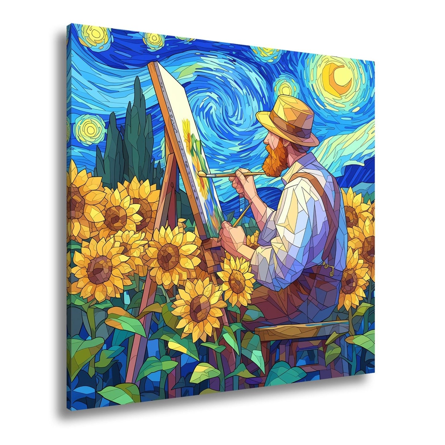 Leinwandbild Künstler malt Sonnenblumen – Wirbelnder Himmel XXL Canvas - deyoli