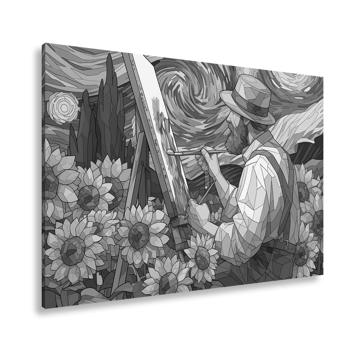 Leinwandbild Künstler malt Sonnenblumen – Wirbelnder Himmel XXL Canvas - deyoli
