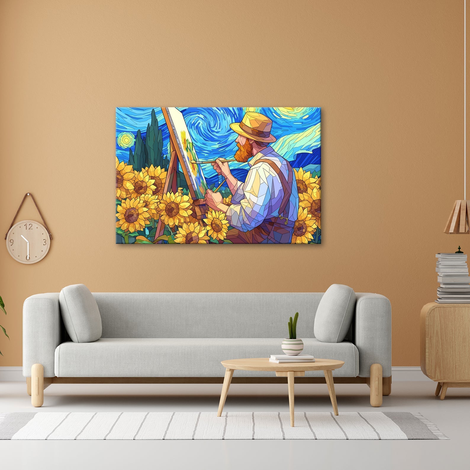 Leinwandbild Künstler malt Sonnenblumen – Wirbelnder Himmel XXL Canvas - deyoli