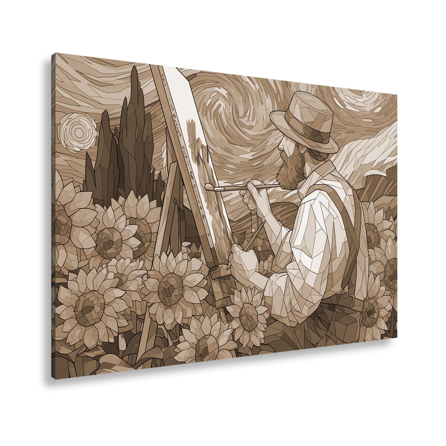 Leinwandbild Künstler malt Sonnenblumen – Wirbelnder Himmel XXL Canvas - deyoli
