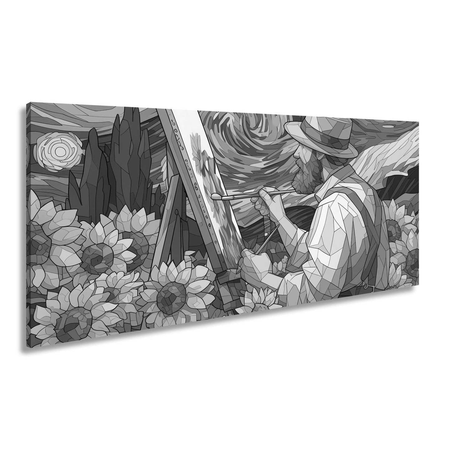 Leinwandbild Künstler malt Sonnenblumen – Wirbelnder Himmel XXL Canvas - deyoli