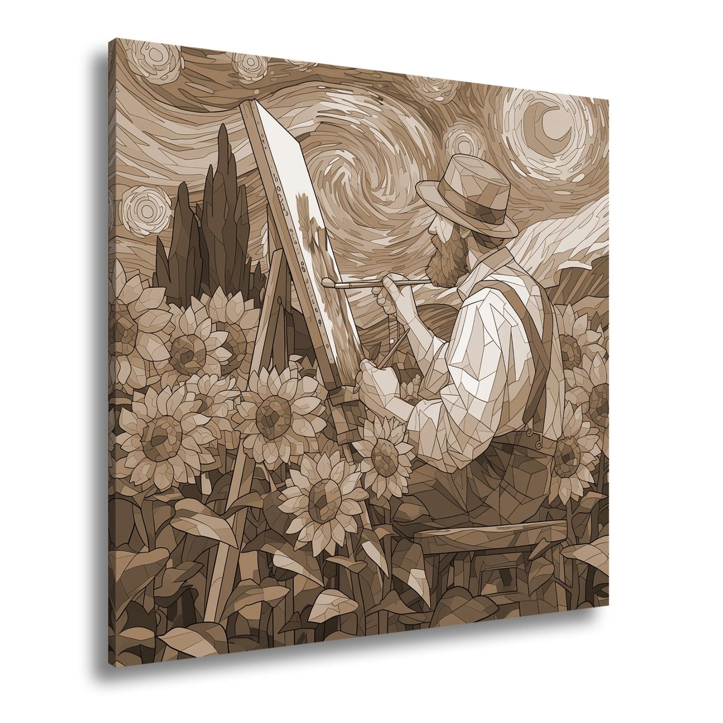 Leinwandbild Künstler malt Sonnenblumen – Wirbelnder Himmel XXL Canvas - deyoli
