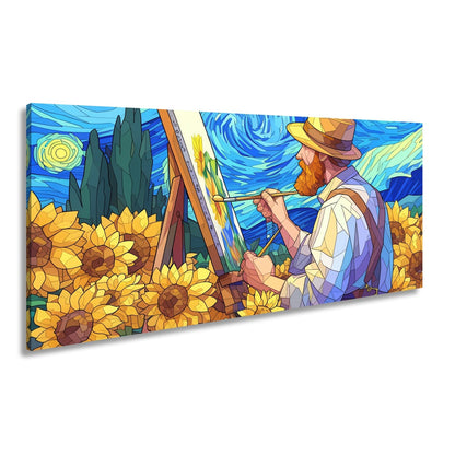Leinwandbild Künstler malt Sonnenblumen – Wirbelnder Himmel XXL Canvas - deyoli