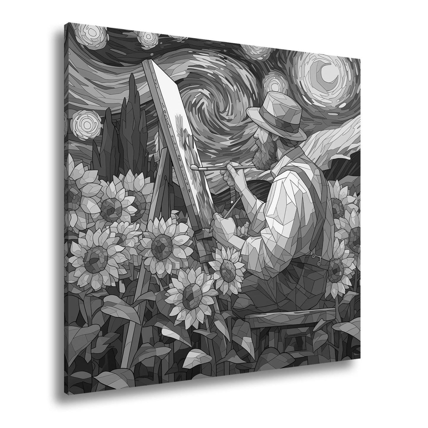 Leinwandbild Künstler malt Sonnenblumen – Wirbelnder Himmel XXL Canvas - deyoli