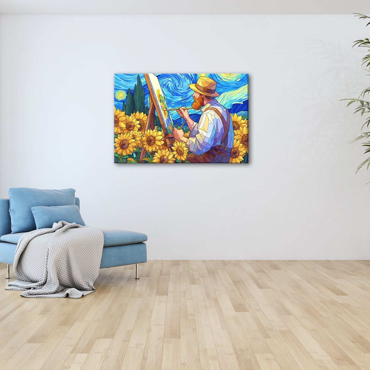 Leinwandbild Künstler malt Sonnenblumen – Wirbelnder Himmel XXL Canvas - deyoli