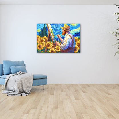 Leinwandbild Künstler malt Sonnenblumen – Wirbelnder Himmel XXL Canvas - deyoli