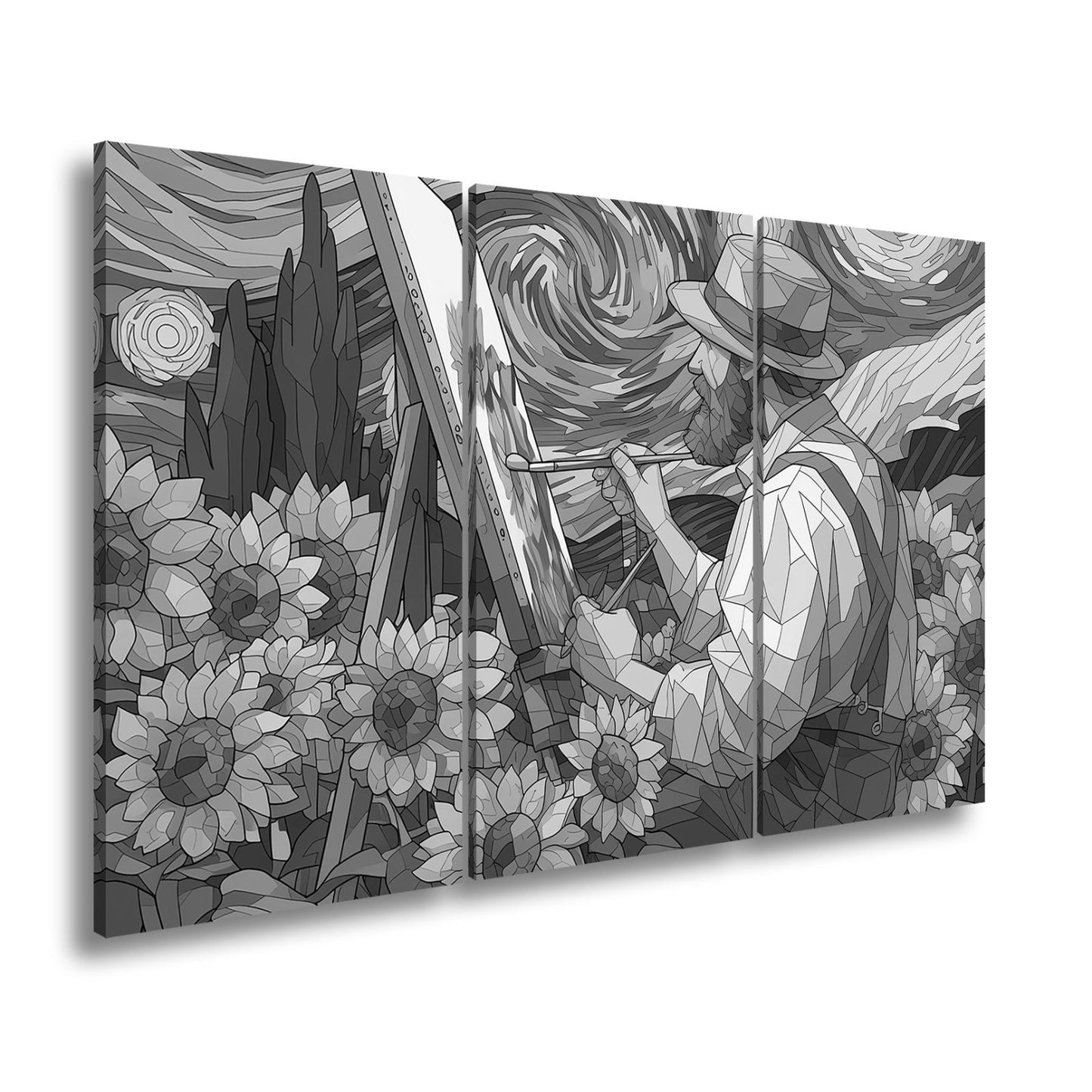 Leinwandbild Künstler malt Sonnenblumen – Wirbelnder Himmel XXL Canvas - deyoli
