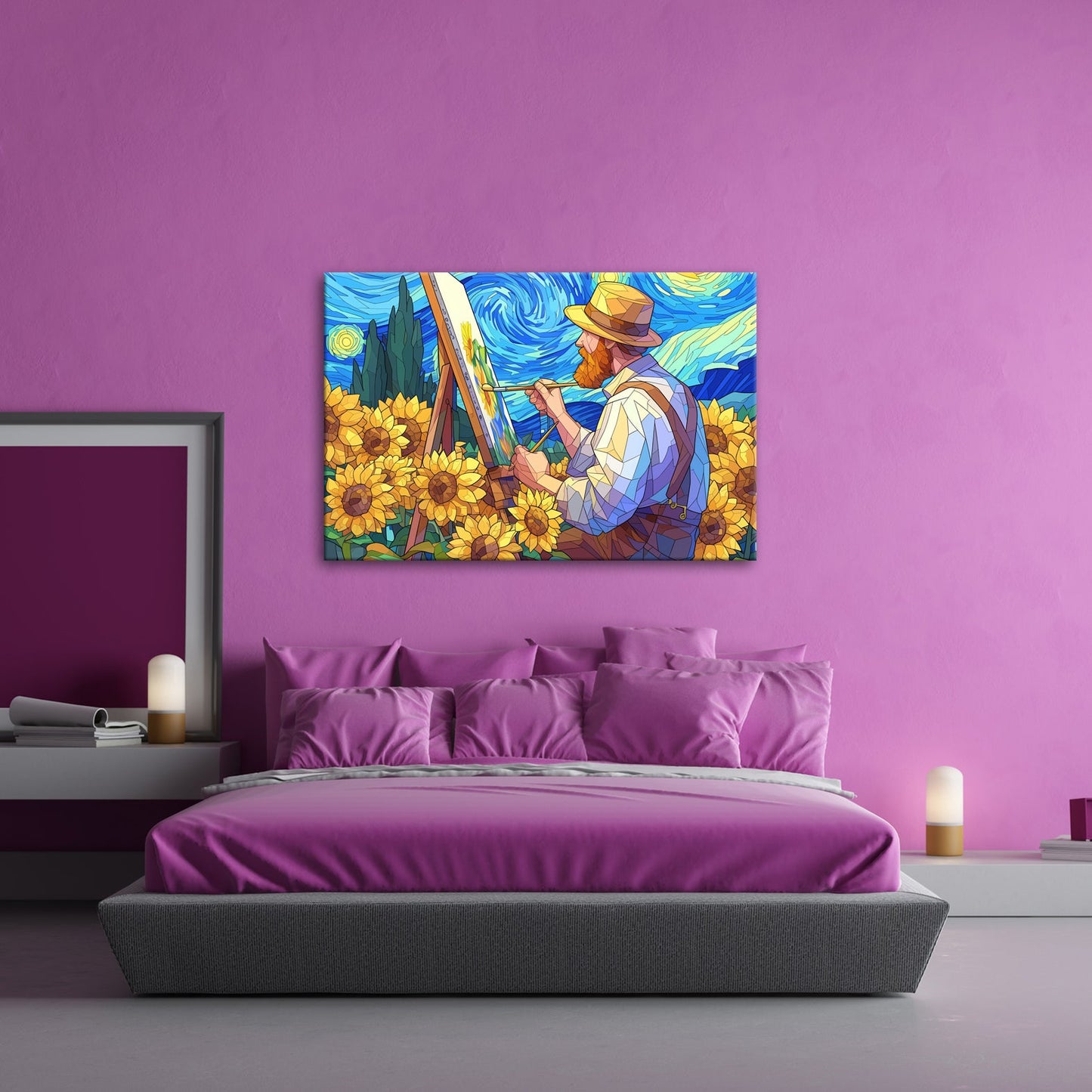 Leinwandbild Künstler malt Sonnenblumen – Wirbelnder Himmel XXL Canvas - deyoli