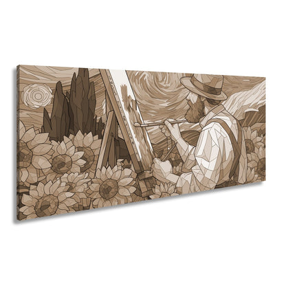 Leinwandbild Künstler malt Sonnenblumen – Wirbelnder Himmel XXL Canvas - deyoli