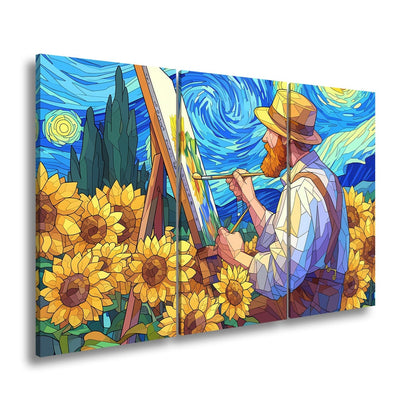 Leinwandbild Künstler malt Sonnenblumen – Wirbelnder Himmel XXL Canvas - deyoli