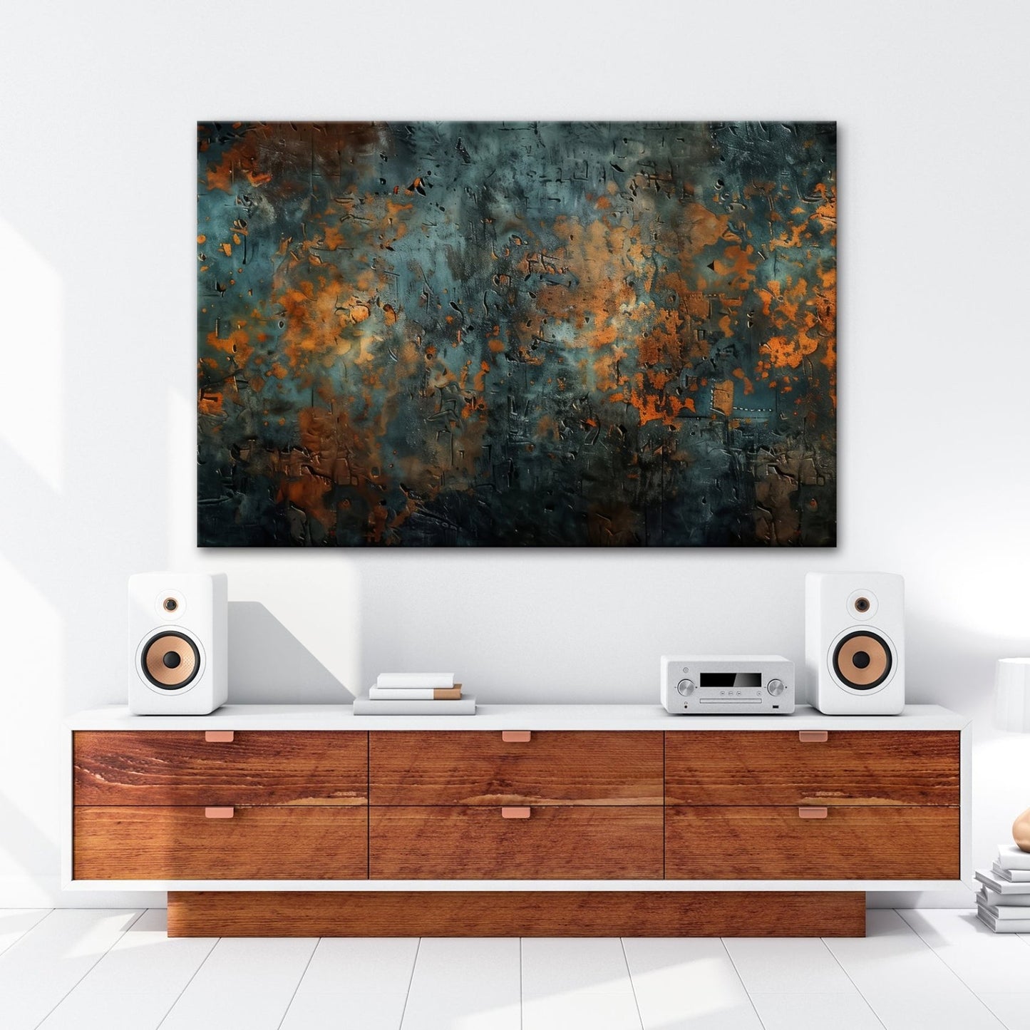Leinwandbild Kupfer trifft Tiefe abstrakte Patina Blau Rost XXL – Abstrakte Kunst - deyoli