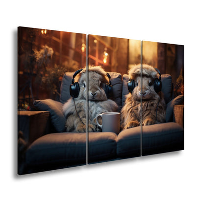 Leinwandbild Kuschelige Kaninchen lauschen Beats bei Kerzenschein. - deyoli