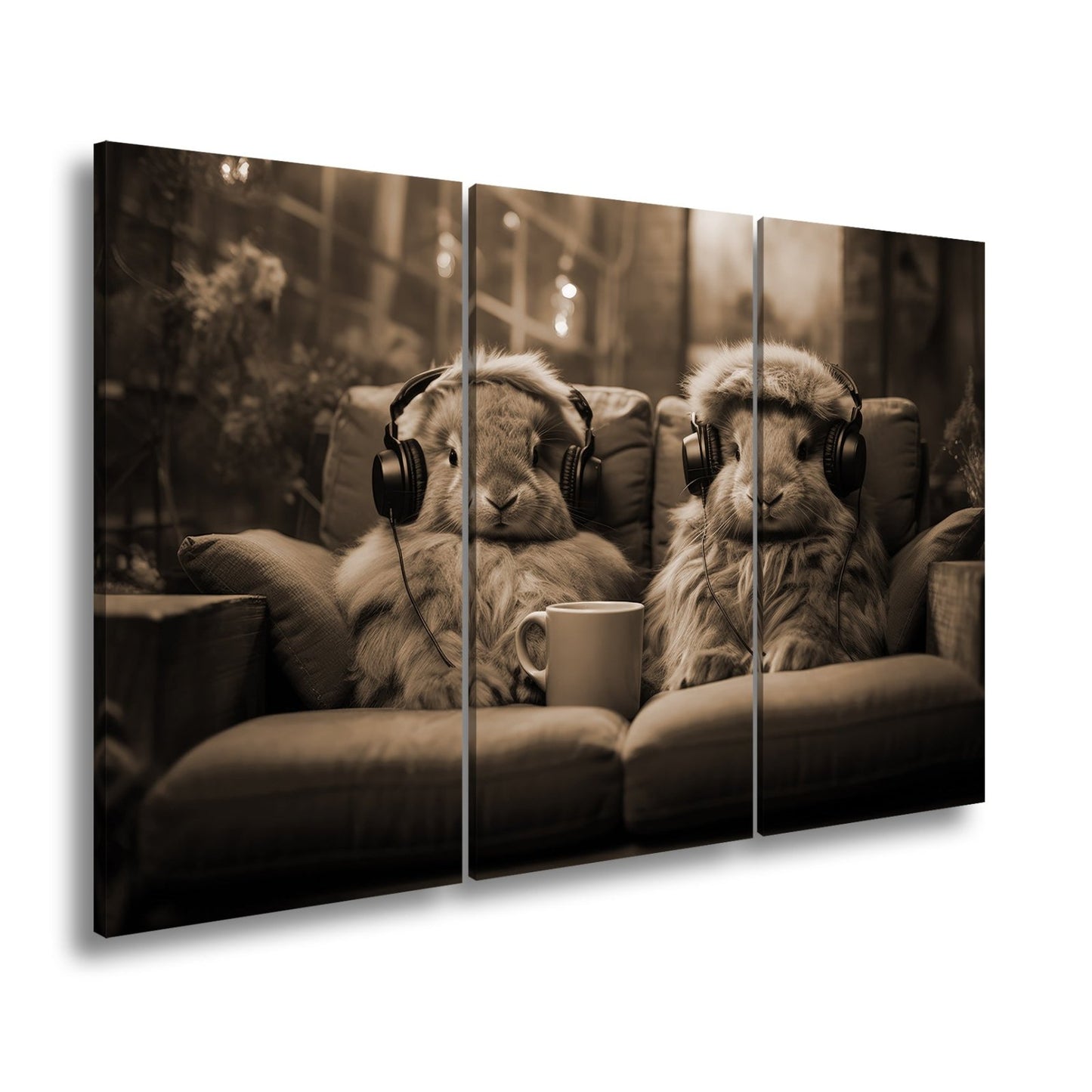 Leinwandbild Kuschelige Kaninchen lauschen Beats bei Kerzenschein. - deyoli