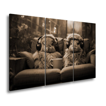 Leinwandbild Kuschelige Kaninchen lauschen Beats bei Kerzenschein. - deyoli