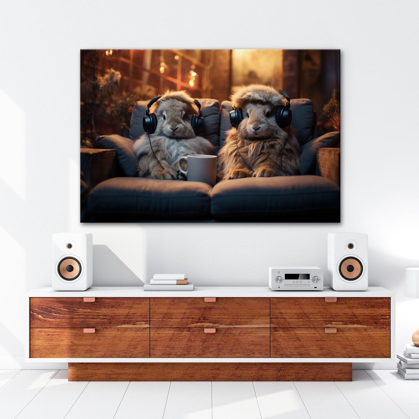Leinwandbild Kuschelige Kaninchen lauschen Beats bei Kerzenschein. - deyoli