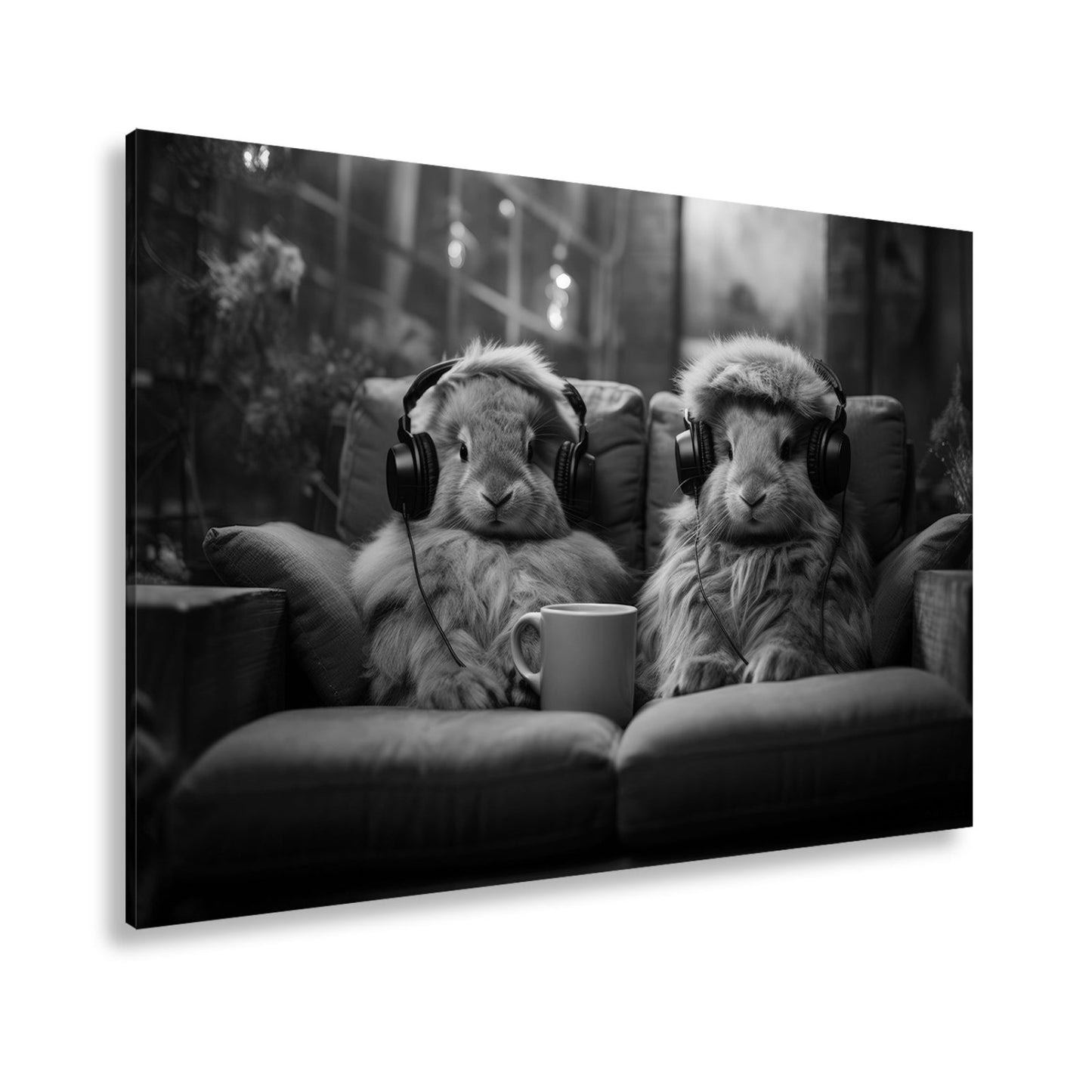 Leinwandbild Kuschelige Kaninchen lauschen Beats bei Kerzenschein. - deyoli